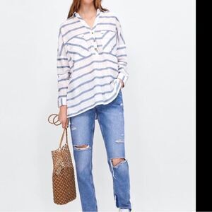 Zara Relaxed fit linen cotton blend button shirt lagen look M